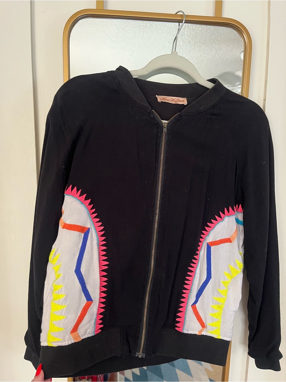 RARE Vintage Mara Hoffman Black Zip-Front Bomber Jacket Neon Embroidery - Picture 4 of 4